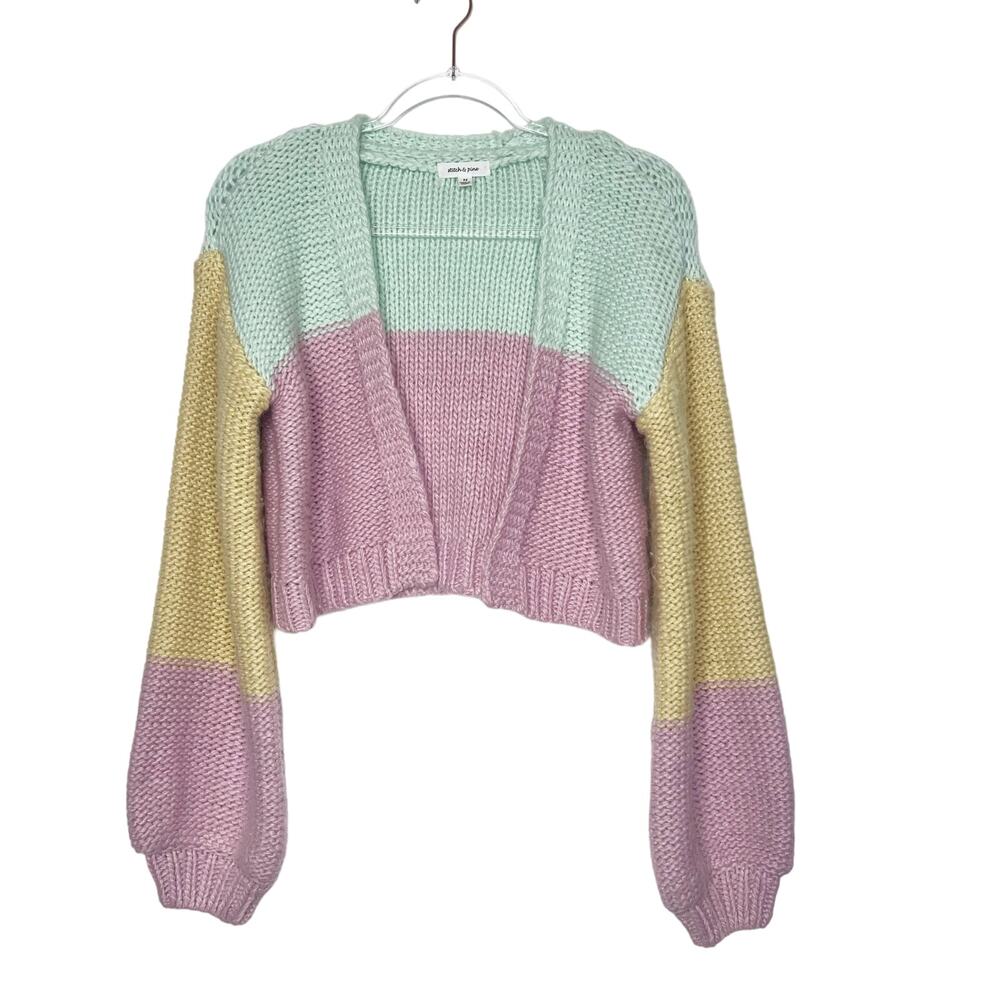 STITCH & PINE Colorblock Cropped Open Cardigan Sweater Knitted Multicolor Size M